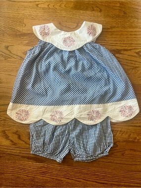 Blue Gingham Girls' Matching Set with Firework Trim